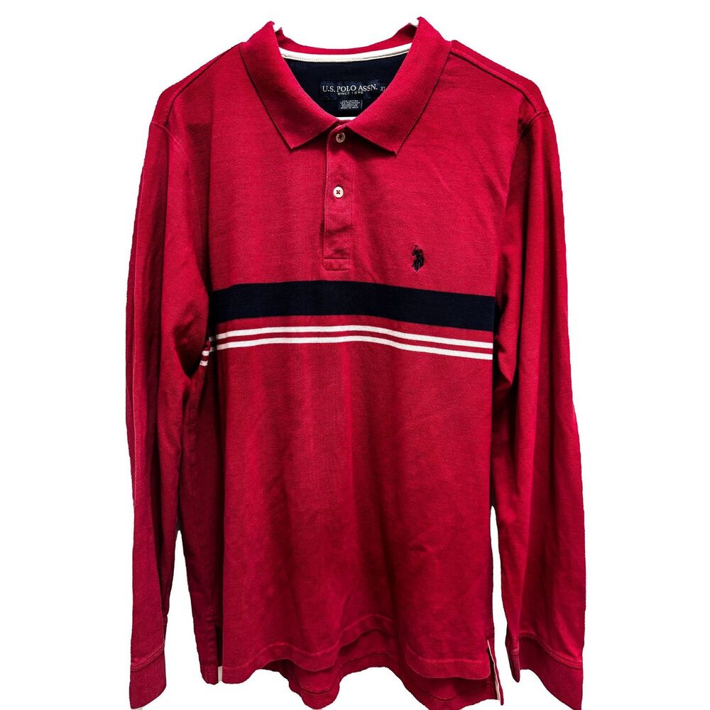 U.S. Polo Assn. Long Sleeve Polo Shirt Red Navy Striped Men's XL